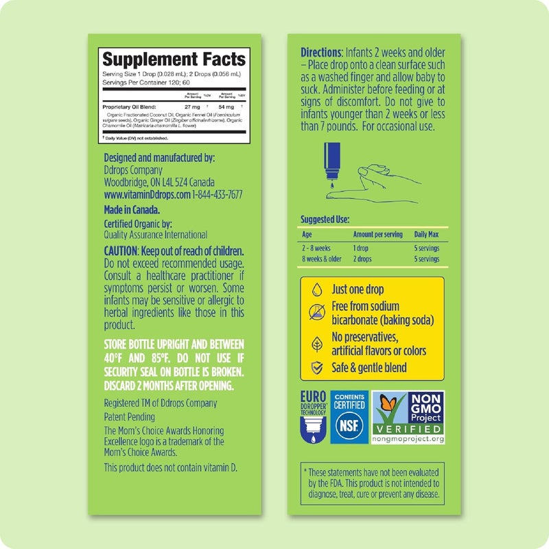 Ddrops Baby Tummy Relief Liquid Drops, Organic Gripe Water for Newborns, Relief from Gas, Colic, Fussiness and Hiccups, Just One Drop, Herbal Ingredients, 120 Drops - Image 3